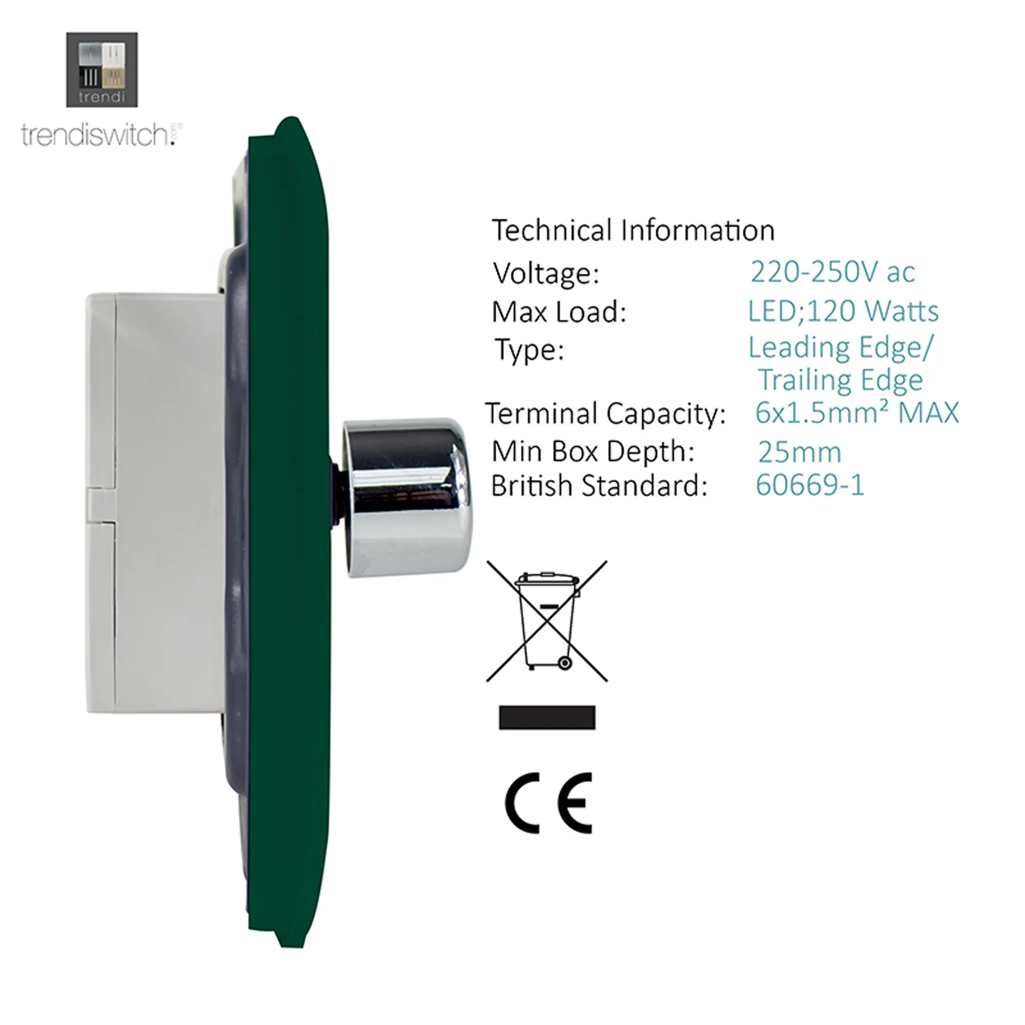 1 Gang 1 Way LED Dimmer Switch Dark Green ART-LDMDG  Trendi Dark Green
